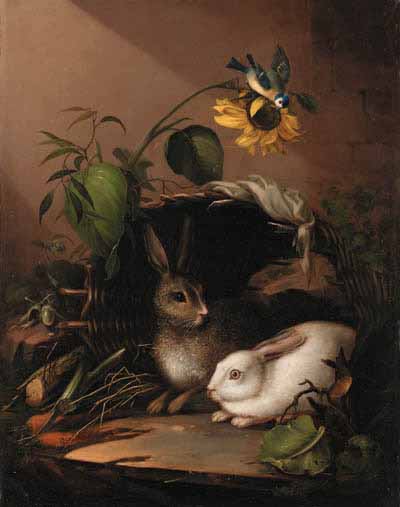 Two rabbits in an upturned basket with a blue tit on a sunflower